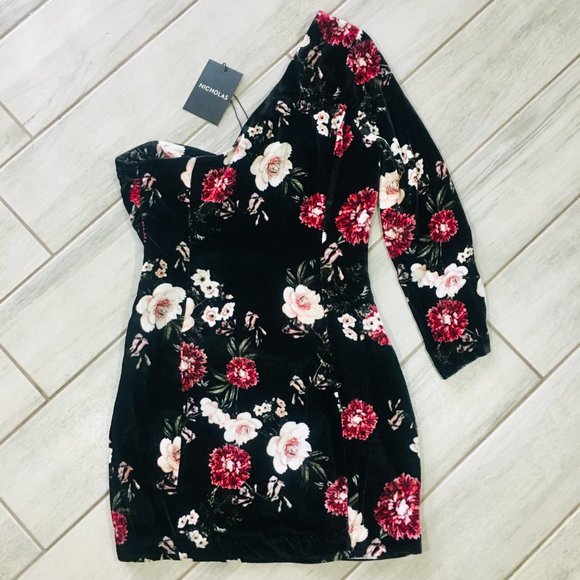 Nicholas One Shoulder Floral Velvet Mini Dress - NEW - Picture 4 of 12